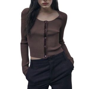 Zara Ribbed  Crop Cardigan Velvet‎ Lined Buttons Knit Brown Women's Size Medium